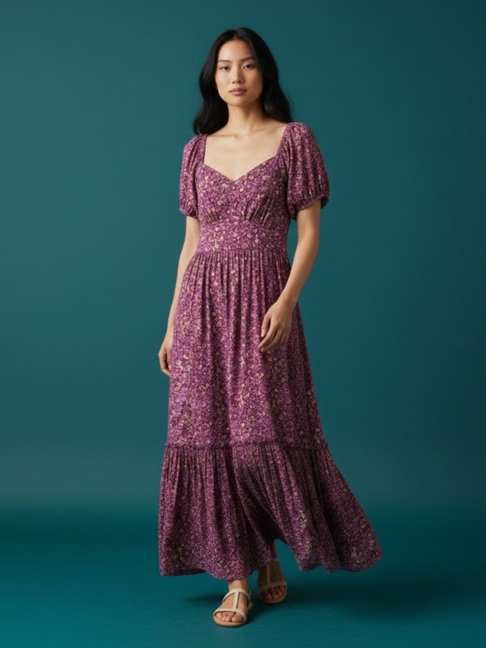 LoveShackFancy Pink/Purple Floral Puff-Sleeve Angie Maxi Dress